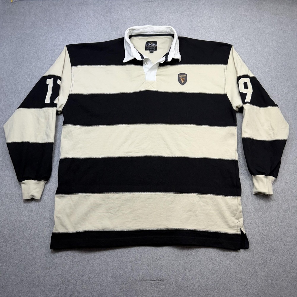 Guinness Rugby Shirt Mens XXL  54 Black Cream Stripe 17 59 Embroidered Polo